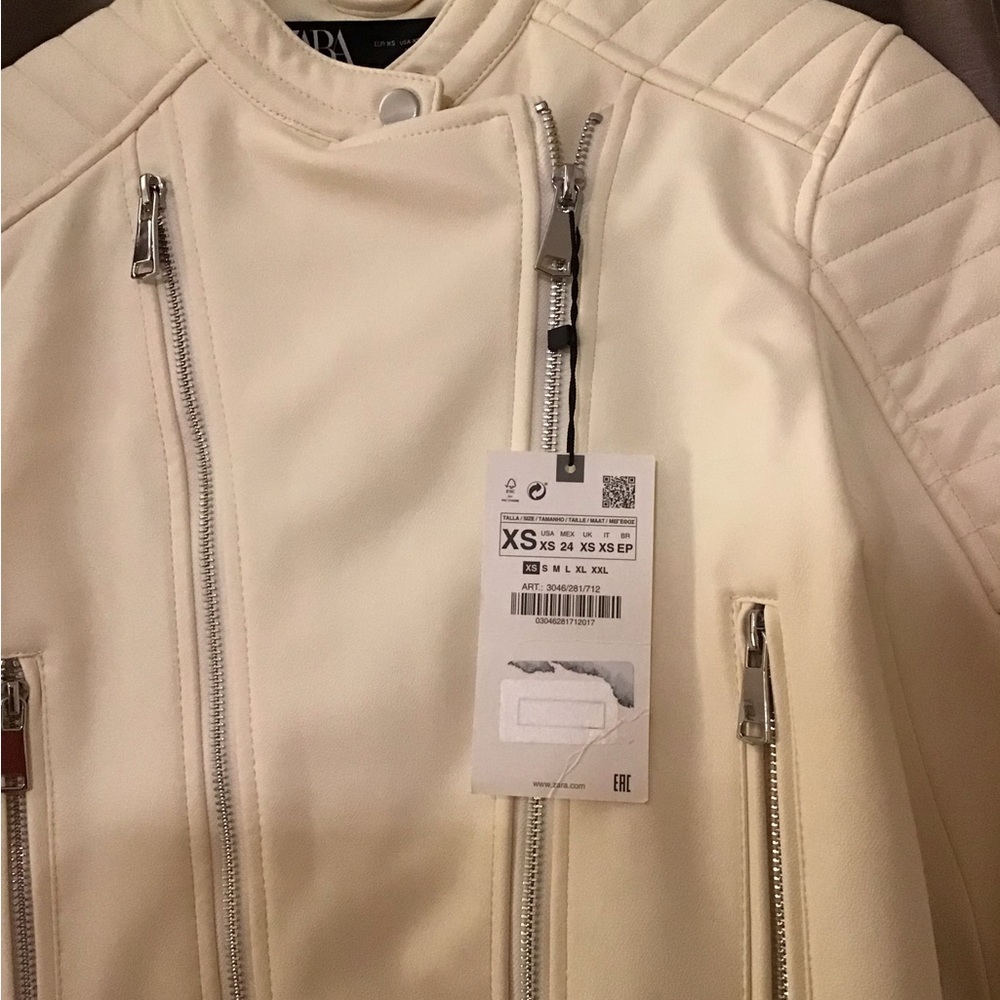 Zara faux leather beige quilted biker cropped jacket - Picture 2 of 2